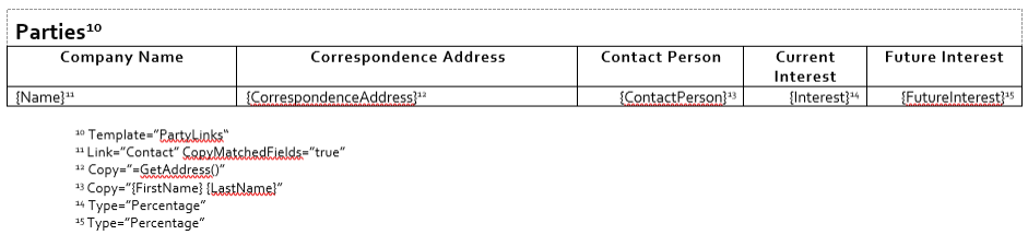Image of Parties table in a template with party links copy matched fields